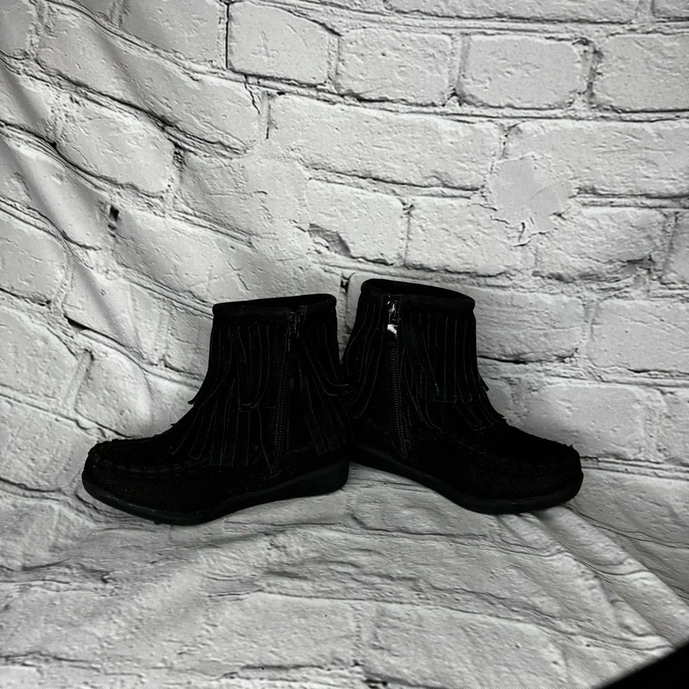 Little Girl Black Faux Suede Hippie Indie Boho Fringe Moccasin Zip Up Boots Sz 5